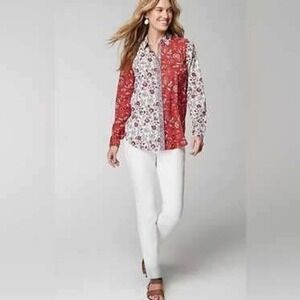 J. Jill‎ Floral Button Down Shirt Red White Contrast Patterned Cotton Top M Bold